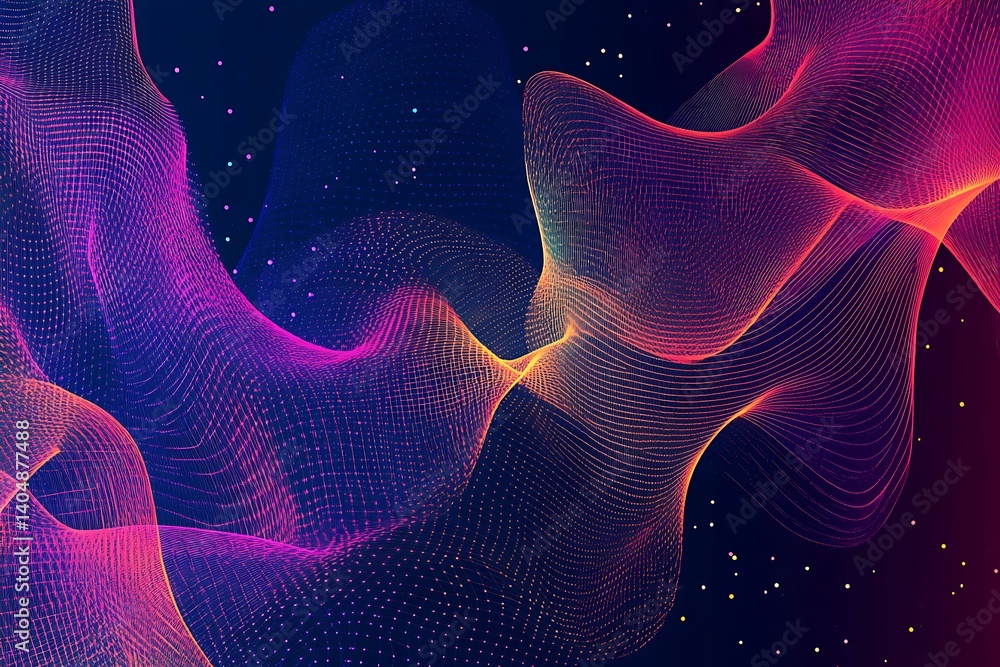 Poster abstract wavy grid on dark blue backdrop with pink and yellow gradient design