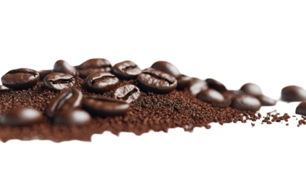 A close-up view of roasted coffee beans scattered over ground coffee, highlighting their rich texture and aroma