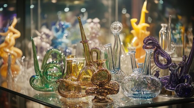 Colorful glass art bottles and flasks on mirrored display