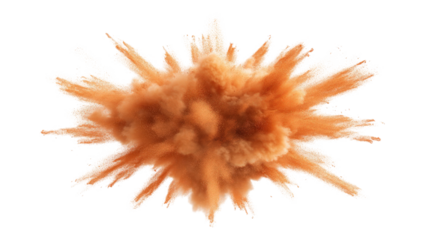 A dramatic explosion of orange powder creating a cloud effect against a black background, ideal for visual effects or action scenes