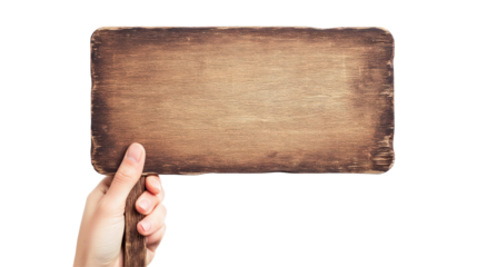 A hand holding a blank wooden sign against a transparent background, ideal for customizable messaging or advertising
