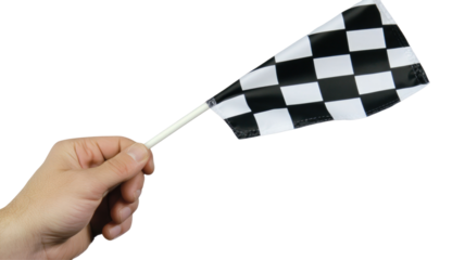A hand holding a checkered flag, signaling the end of a race, with a blurred crowd cheering in the background