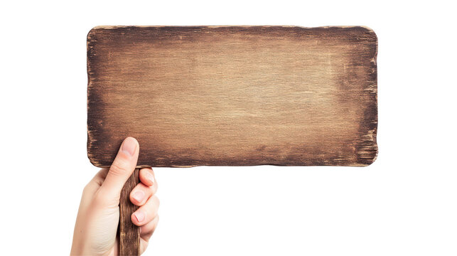 A hand holding a blank wooden sign against a transparent background, ideal for customizable messaging or advertising