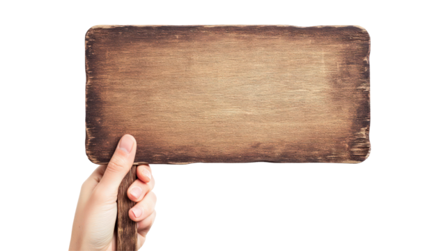 A hand holding a blank wooden sign against a transparent background, ideal for customizable messaging or advertising