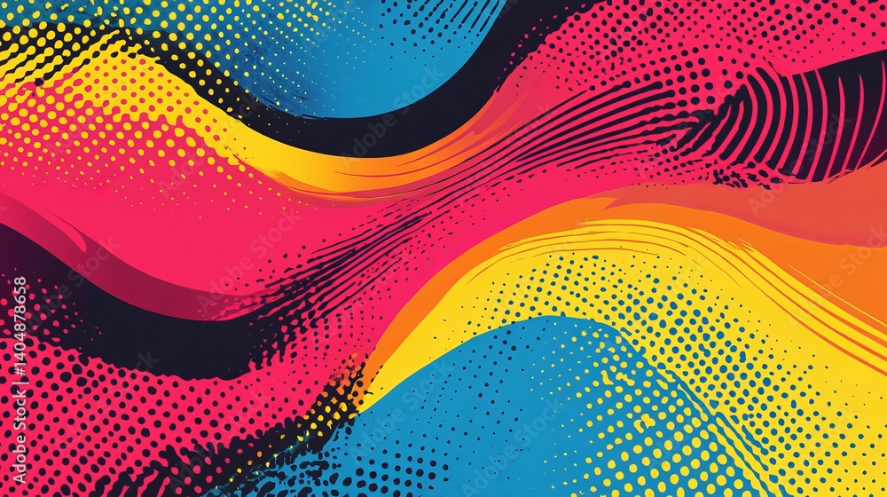 Poster abstract background featuring halftone patterns and wavy lines in vibrant colors and bold design