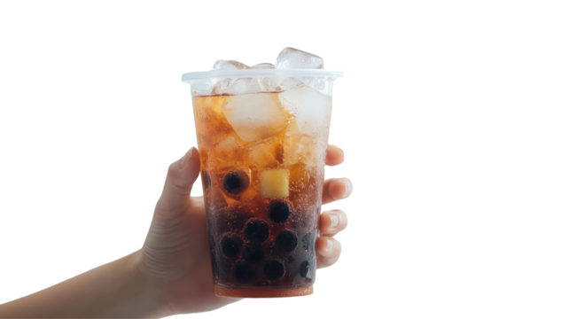 A hand holding a refreshing iced beverage with fruit and bubbles, set against a minimalist background, ideal for summer promotions