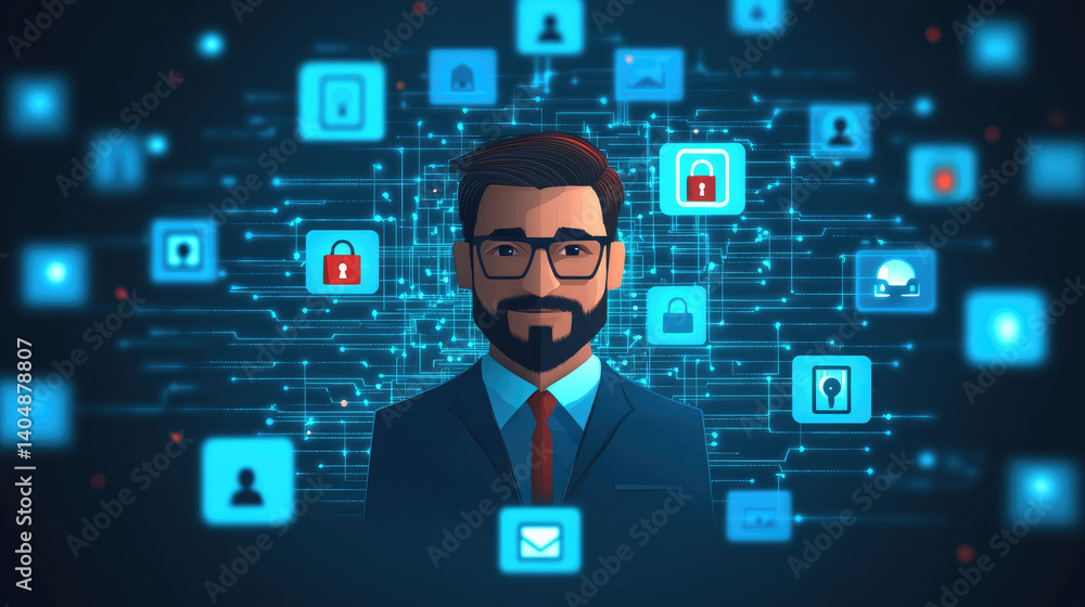 Poster protecting user identity in digital spaces a flat design illustration on cyber safety and security