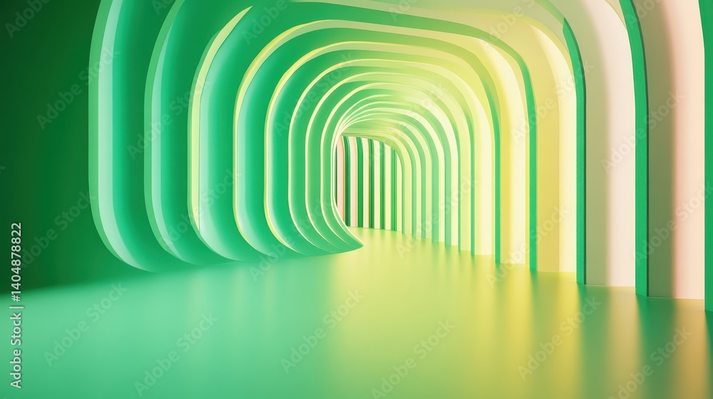 Poster abstract curved corridor with glowing green and yellow light creating a surreal atmosphere