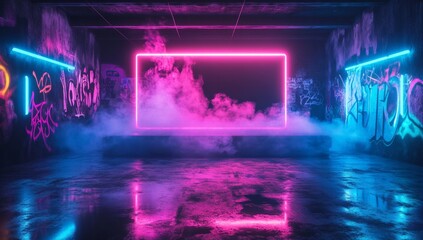 Neon-lit, smoky, graffiti-covered interior