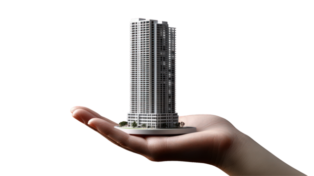 A human hand delicately holds a miniature modern skyscraper, showcasing architectural design against a minimalist background