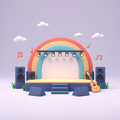 Whimsical stage setup with rainbow arch and musical instruments illustration