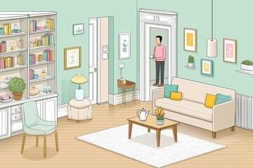 A train arriving into a living room as a person calmly makes tea