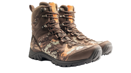 A pair of rugged camouflage hiking boots positioned on a clean surface, showcasing durability and outdoor readiness