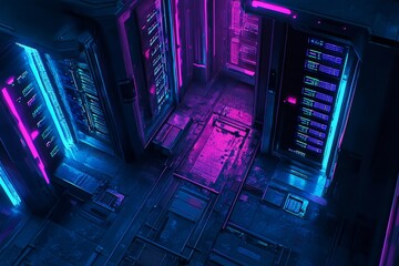 Futuristic server room with vibrant neon lighting.  Complex network infrastructure, detailed components, and glowing circuitry are featured in this interior scene