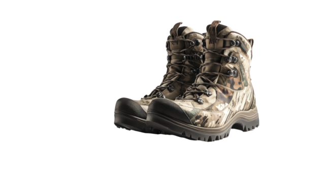 A pair of rugged camouflage hiking boots positioned on a plain background, ideal for outdoor adventures and trekking activities