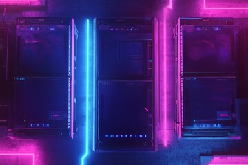 Futuristic server rack array illuminated by vibrant neon lights.  Rows of server cabinets showcasing technological interfaces, highlighted by contrasting blue and pink neon accents