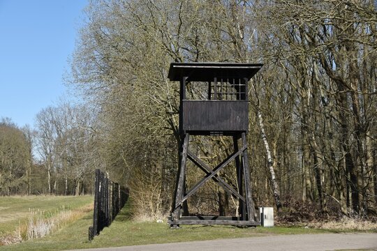 Westerbork, the Netherlands. March 19, 2025. One of the watchtowers of the transit camp Westerbork, Holland.