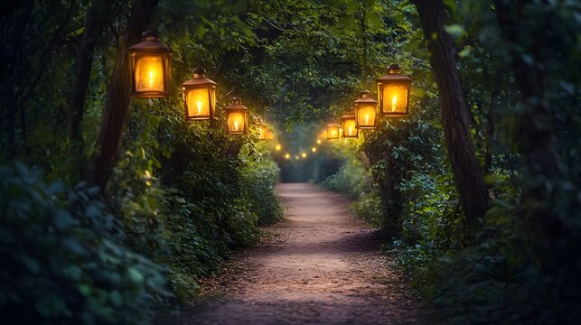 A mystical forest path lit by soft glowing lanterns guiding the way to a new adventure