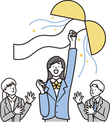 くす玉と合格して喜ぶ女子高校生と女性と男性の先生のシンプルなイラスト素材