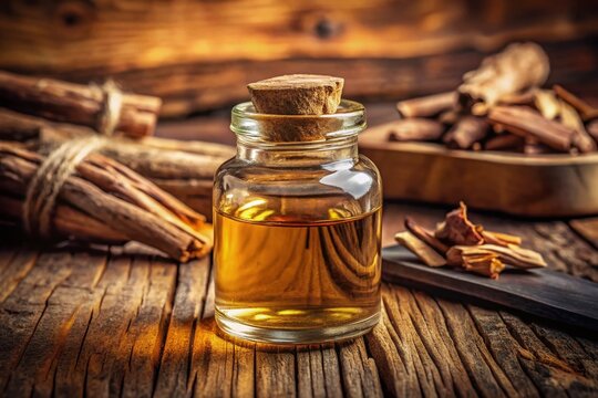 Cinnamon Extract in Glass Bottle: A small glass bottle filled with golden cinnamon extract, stoppered with cork, sits on a rustic wooden surface surrounded by cinnamon sticks and bark.