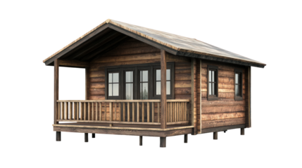 A rustic wooden cabin with a porch set against a serene backdrop, ideal for nature retreats and outdoor getaways