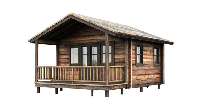 A rustic wooden cabin with a porch set against a serene backdrop, ideal for nature retreats and outdoor getaways