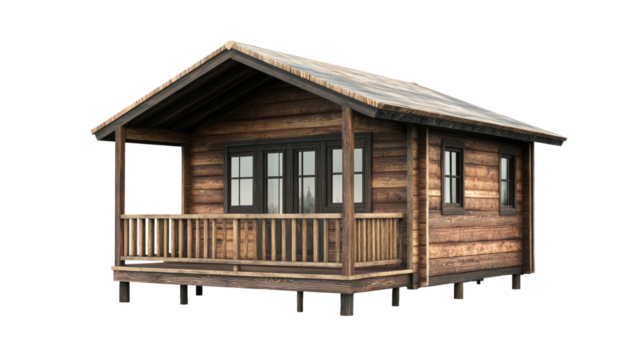 A rustic wooden cabin with a porch set against a serene backdrop, ideal for nature retreats and outdoor getaways