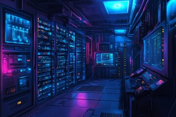 Futuristic server room, glowing with vibrant neon lights.  Rows of server racks dominate the scene, illuminated by vibrant blues and purples.  Multiple monitors display complex data
