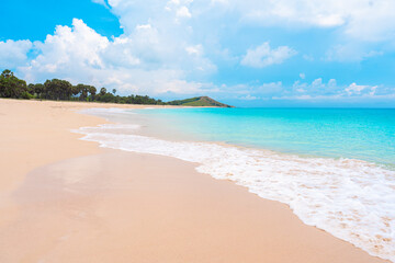 White sand beach and turquoise waves shimmer beneath the bright tropical sun.