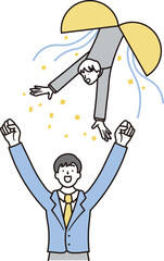 くす玉と合格して喜ぶ男子高校生と男性の先生のシンプルなイラスト素材