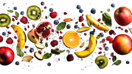 A vibrant arrangement of assorted fruits including apples, bananas, and berries, showcasing freshness against a dark background