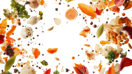 A vibrant arrangement of colorful autumn leaves and seasonal food items swirling in mid-air against a dark background