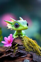 A small green gecko sitting on top of a tree branch next to a pink flower