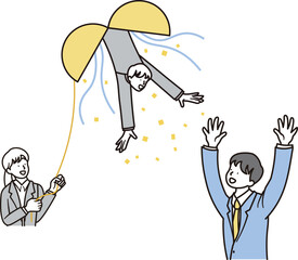 くす玉と合格して喜ぶ男子高校生と女性と男性の先生のシンプルなイラスト素材