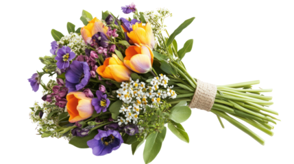 A vibrant bouquet of mixed flowers including tulips and pansies, beautifully arranged for a spring celebration