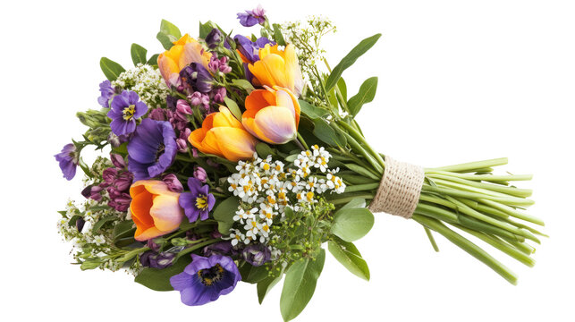 A vibrant bouquet of mixed flowers including tulips and pansies, beautifully arranged for a spring celebration