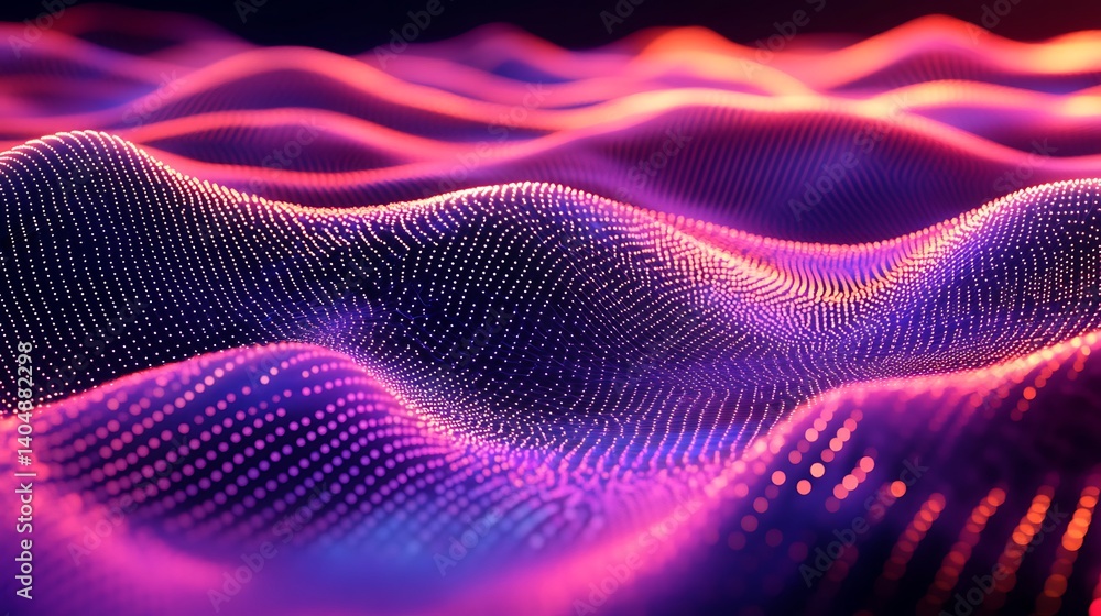 Poster glowing network abstract waves of purple and pink dotted lines on dark backdrop