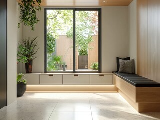 Fototapeta premium Bright, naturally lit interior space featuring a window seat, storage drawers, and potted plants, blending indoor comfort with outdoor views.