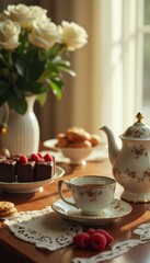 Elegant Afternoon Tea Setting with Chocolate Raspberry Cake and Delicate Floral Teapot