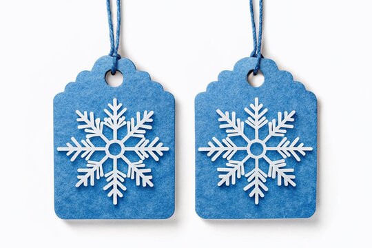 Winter Tags Adorned: A pair of meticulously crafted, ice-blue tags, each showcasing a delicate, white snowflake, evoke the crisp essence of winter and the magic of the season. 