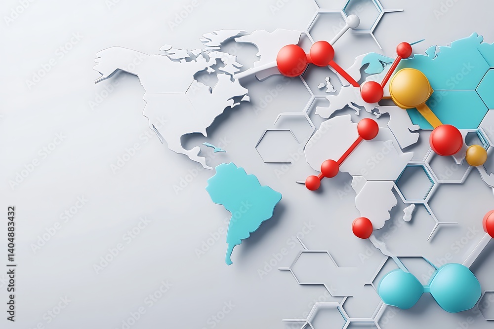 Poster isometric world map with connected red spheres and blue continents on white grid