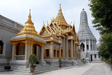 Fototapeta premium A wide-angle view of Wat Phra Kaew with golden spires and ornate roofs