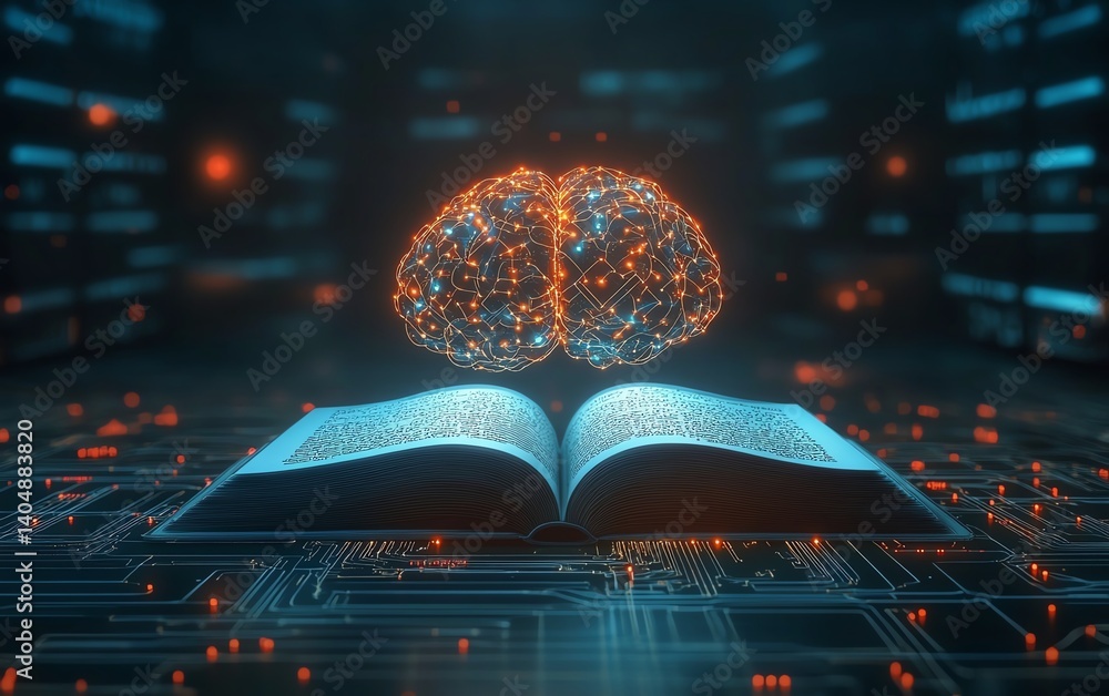 Aufkleber electronic brain reading an open book, machine learning and artificial intelligence concept, futuris