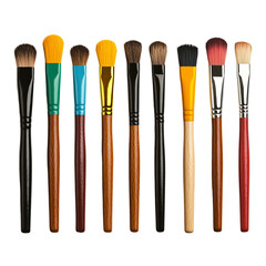 Png of A vibrant collection of artistic paintbrushes arranged in a row, showcasing various styles and colors, perfect for creative projects.