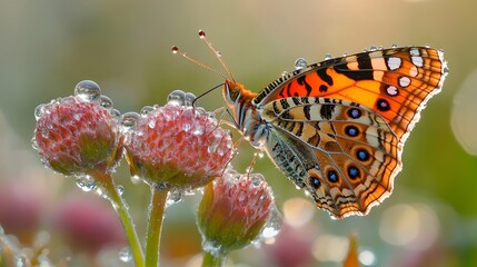 A butterfly landing on a blooming flower in a dewy meadow representing renewal