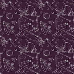 Spray mist bottle perfume samplers, cotton pad swab q-tip, bath gel shampoo, exotic orchid flowers. Isolated seamless pattern. Vector hand drawn ink sketch. Beauty parlor, cosmetics shop illustration.