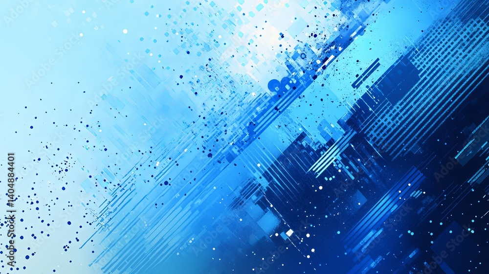 Poster abstract background featuring blue geometric shapes and scattered particles in a dynamic design