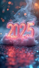 Sparkling Numbers "2025" on Cloud, Festive New Year, Glowing with Bokeh Lights, Dreamy Smoke Effect, Celebration Concept