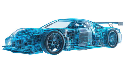 Futuristic blue holographic sports car showcasing intricate internal components against a tech-inspired background