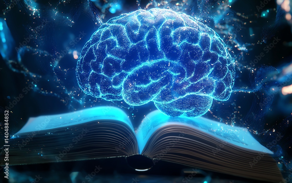 Poster futuristic electronic brain studying a book, artificial intelligence and data learning concept, 3d r